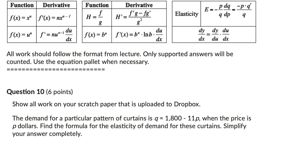Solved Function Derivative Function Derivative H F H F8 F8 E Edq Ed Elasticity Q Dp F X X F X Nx Du F R V F Nu Dr Du F X B F X B Inb Dr D Dy