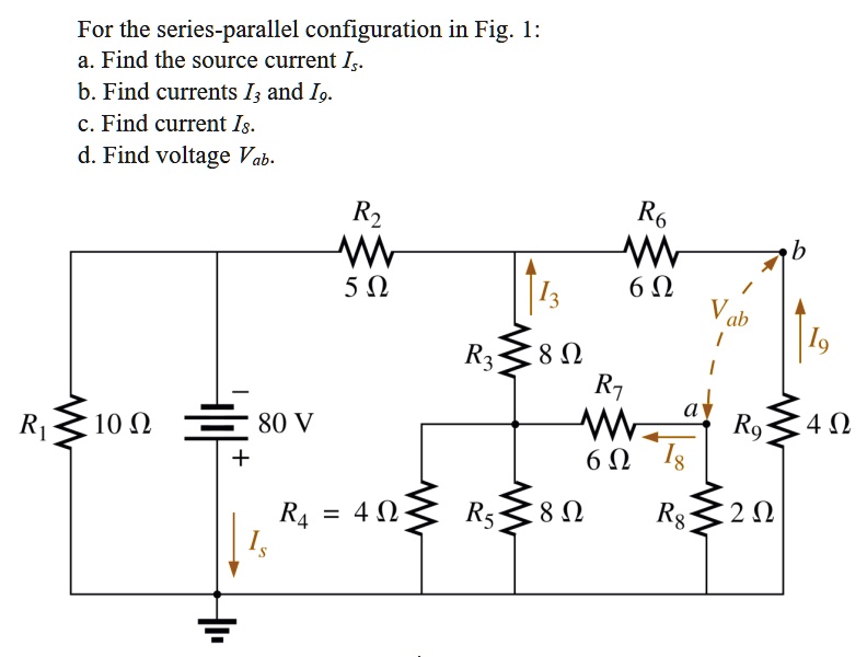 For the series-parallel configuration in Fig. 1:
a. Find the source current Is.
b. Find currents I3 and I9.
c. Find current I8.
d. Find voltage Vab.