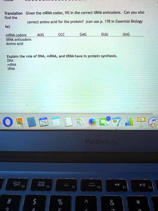 SOLVED Translation Given the mRNA codon, fill in the correct tRNA