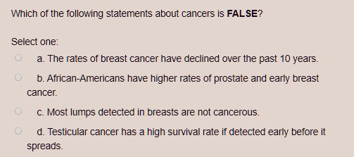 Solved:which Of The Following Statements About Cancers Is False? Select  One: The Rates Of Breast Cancer Have Declined Over The Past 10 Years  African-Americans Have Higher Rates Of Prostate And Early Breast Solved:which Of The Following Statements About Cancers Is False? Select  One: The Rates Of Breast Cancer Have Declined Over The Past 10 Years  African-Americans Have Higher Rates Of Prostate And Early Breast