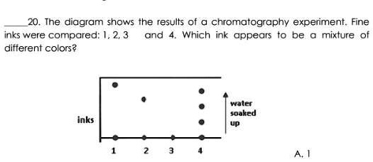 20. The diagram shows the results of a chromatography experiment. Fine inks were compared: 1, 2, 3 and 4. Which ink appears to be a mixture of different colors?