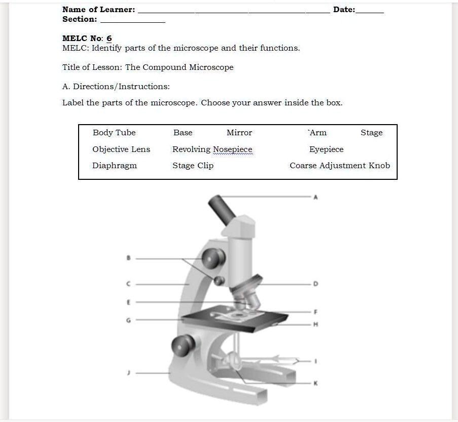 Text: 'Label the parts of the microscope. Choose your answer inside the ...