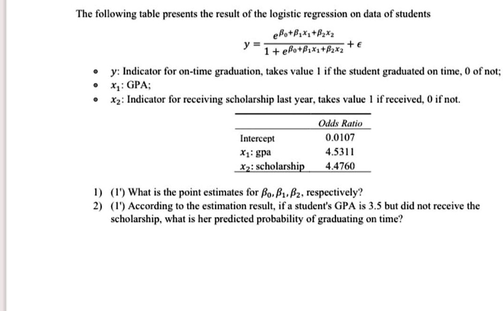 The following table presents the result of the logistic regression on data of students
• y = (e^β0 + β1x1 + β2x2)/(1 + e^β0 + β1x1 + β2x2) + ϵ• y: Indicator for on-time graduation, takes value 1 if the student graduated on time, 0 of not;
• x?: GPA;
• x?: Indicator for receiving scholarship last year, takes value 1 if received, 0 if not.
Odds Ratio
Intercept	0.0107
x?: gpa	4.5311
x?: scholarship	4.4760
1) (1') What is the point estimates for β0, β1, β2, respectively?
2) (1') According to the estimation result, if a student's GPA is 3.5 but did not receive the
scholarship, what is her predicted probability of graduating on time?