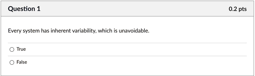 Question 1
Every system has inherent variability, which is unavoidable.
True
False
0.2 pts