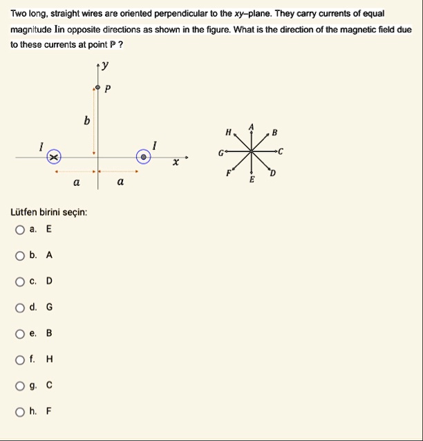 two long straight wires are oriented perpendicular to the xy plane they carry currents of equal magnitude i in opposite directions as shown in the figure what is the direction of the magneti 33806