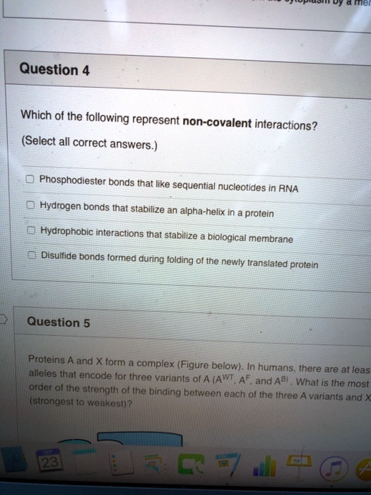Question 4
Which of the following represent non-covalent interactions?
(Select all correct answers.)
Phosphodiester bonds that like sequential nucleotides in RNA
Hydrogen bonds that stabilize an alpha-helix in a protein
Hydrophobic interactions that stabilize a biological membrane
Disulfide bonds formed during folding of the newly translated protein
Question 5
Proteins A and X form a complex (Figure below). In humans, there are at least alleles that encode for three variants of A (AWT, AF, and AB). What is the most order of the strength of the binding between each of the three A variants and X (strongest to weakest)?