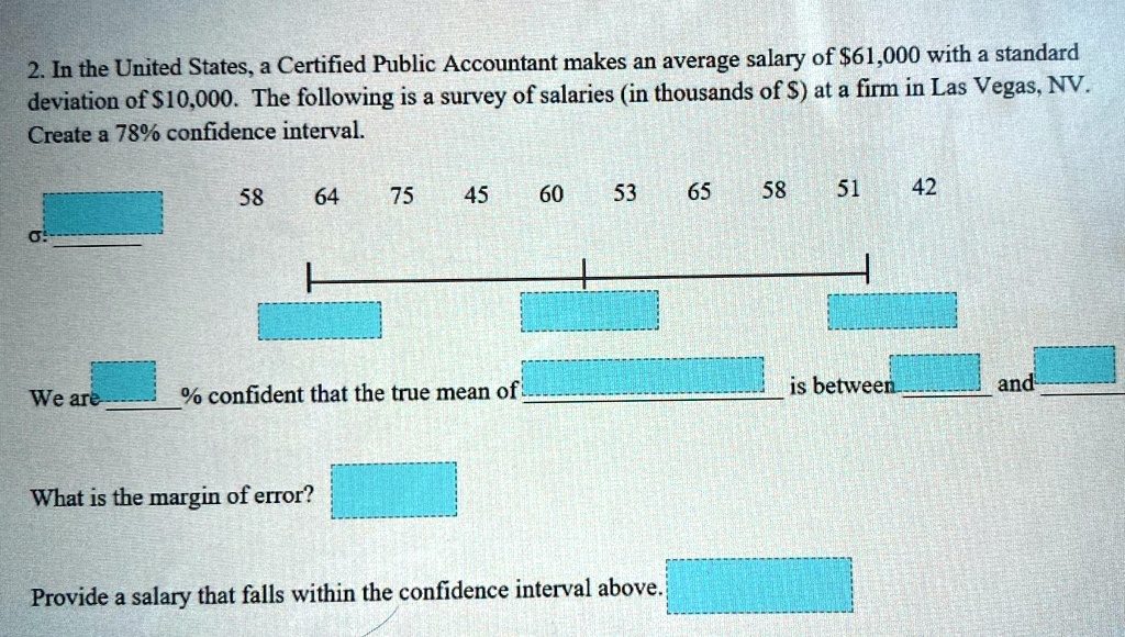 2 in the united states a certified public accountant makes an average salary of 61000 with a standard deviation of 10000 the following is a survey of salaries in thousands of at a firm in la 46855