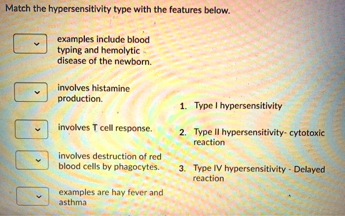 SOLVED: Match the hypersensitivity type with the features below ...