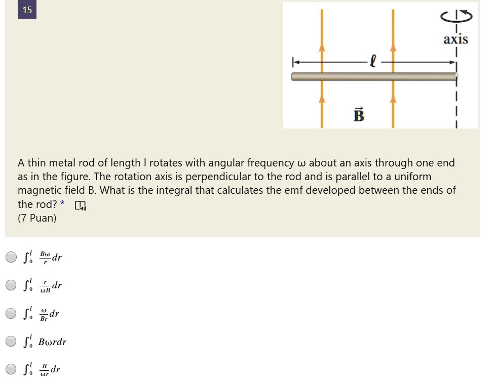 SOLVED:15 axis 9 A thin metal rod of length rotates with angular ...