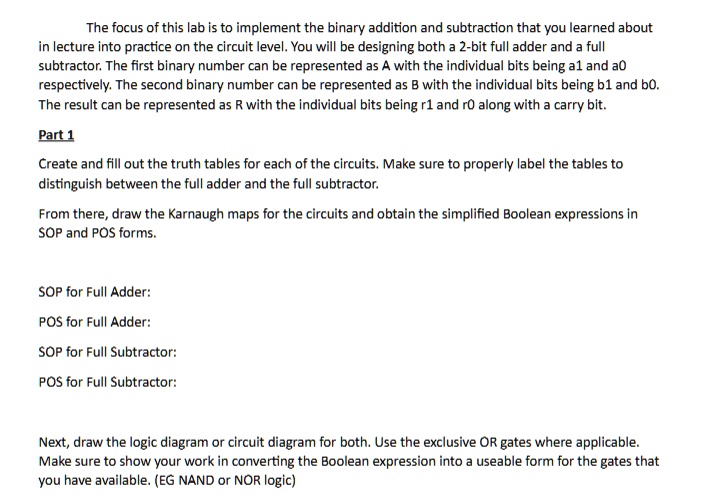 SOLVED: The focus of this lab is to implement the binary addition and ...