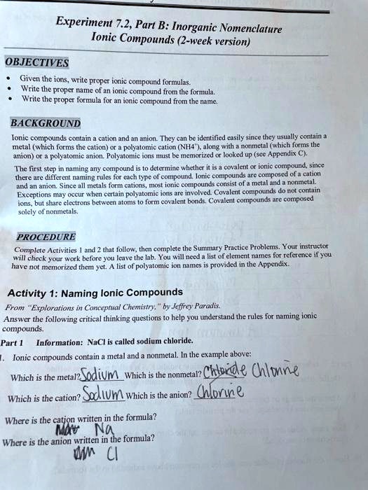 SOLVED: Experiment 7.2, Part B: Inorganic Nomenclature Ionic Compounds ...