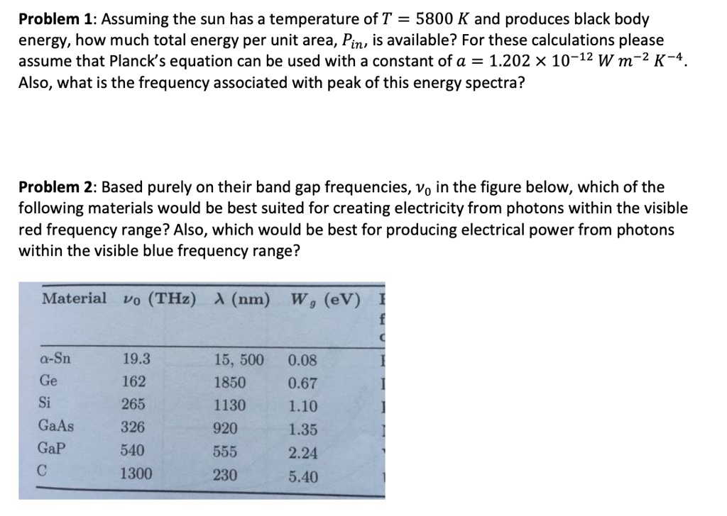 SOLVED: Problem 1: Assuming the sun has a temperature of T = 5800 K and ...