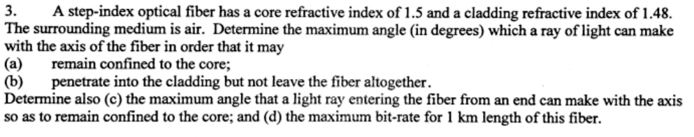 SOLVED: A step-index optical fiber has a core refractive index of 1.5 ...
