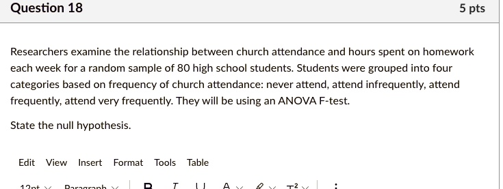 Researchers examine the relationship between church attendance and hours spent on homework each week for a random sample of 80 high school students. Students were grouped into four categories based on frequency of church attendance: never attend, attend infrequently, attend frequently, attend very frequently. They will be using an ANOVA F-test.

State the null hypothesis.