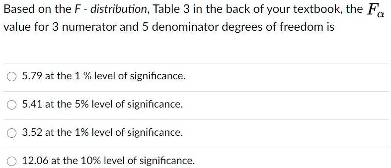 SOLVED:Based on the F - distribution; Table 3 in the back of your ...