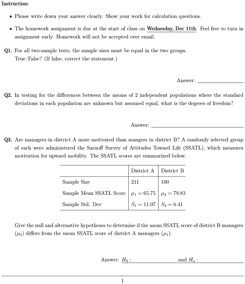 instruction please write down your answer clearly show your work for calculation questions the homework assignment is due at the start of class on wednesday dec 11th feel free to turn in ass 81687