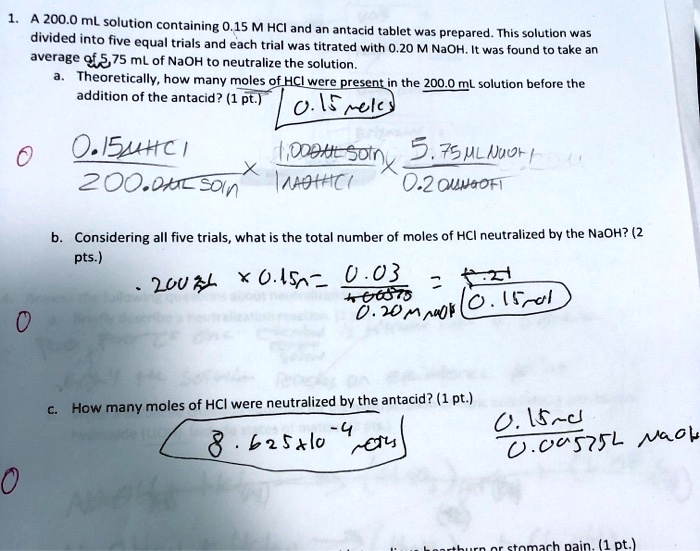 SOLVED: 200.0 mL solution containing 0.15 M HCl and an antacid tablet ...