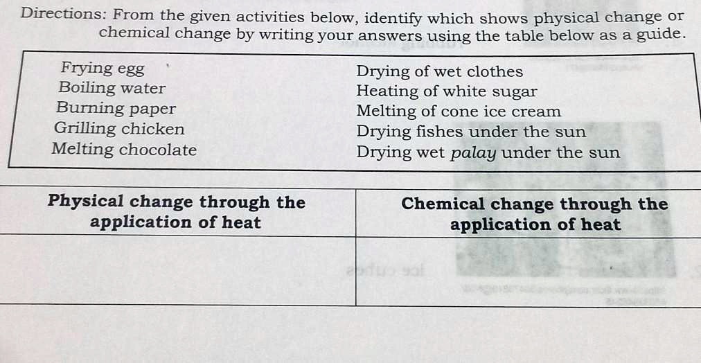 SOLVED From the given activities below, identify which show physical