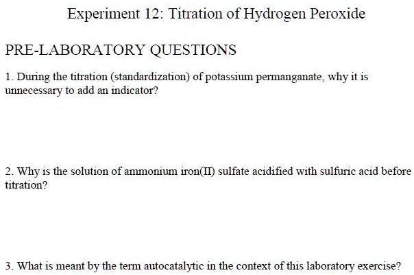 Solved Experiment 12 Titration Of Hydrogen Peroxide Pre Laboratory