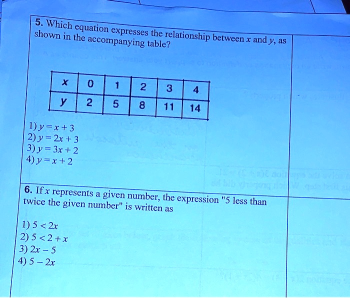 Solved 5 Which Shown Equation Expresses The In The Accompanying Relationship Between Table X And Y As 0 41 2 3 2 5 8 11 14 Y I Y X 3 2 Y 2x 3 3 Y