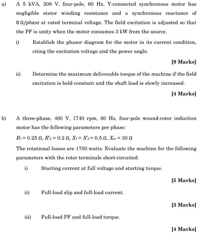 SOLVED: A 5 kVA, 208 V, four-pole, 60 Hz, Y-connected synchronous motor ...