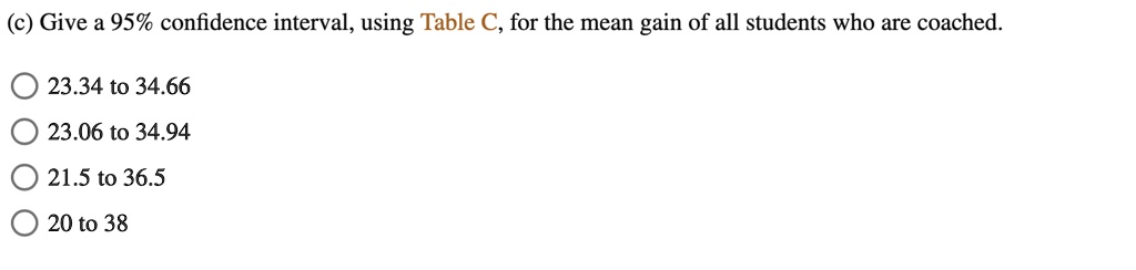 (c) Give a 95% confidence interval, using Table C, for the mean gain of all students who are coached.
23.34 to 34.66
23.06 to 34.94
21.5 to 36.5
20 to 38