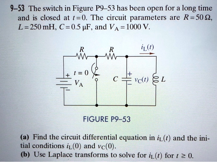 9-53 The switch in Figure P9–53 has been open for a long time and is closed at t=0. The circuit parameters are R=50 ?, L=250 mH, C=0.5 ?F, and VA=1000 V.

FIGURE P9-53

(a) Find the circuit differential equation in iL(t) and the initial conditions iL(0) and vC(0).
(b) Use Laplace transforms to solve for iL(t) for t ? 0.