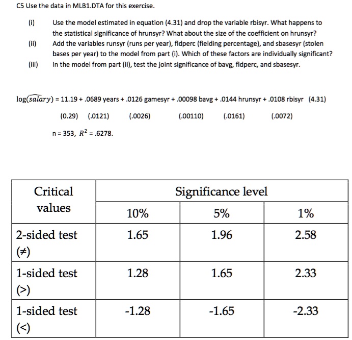 SOLVED: C5 Use the data in MLB1.DTA for this exercise (i) Use the model ...