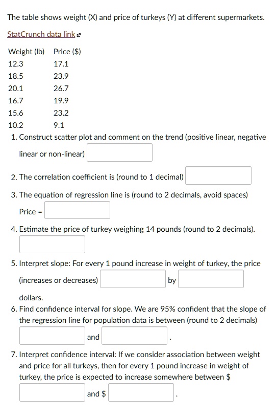 The table shows weight (X) and price of turkeys (Y) at different supermarkets.
StatCrunch data link
Weight (lb) Price ()
12.3 17.1
18.5 23.9
20.1 26.7
16.7 19.9
15.6 23.2
10.2 9.1
1. Construct scatter plot and comment on the trend (positive linear, negative linear or non-linear)
2. The correlation coefficient is (round to 1 decimal)
3. The equation of regression line is (round to 2 decimals, avoid spaces)
Price =
4. Estimate the price of turkey weighing 14 pounds (round to 2 decimals).
5. Interpret slope: For every 1 pound increase in weight of turkey, the price (increases or decreases) by dollars.
6. Find confidence interval for slope. We are 95% confident that the slope of the regression line for population data is between (round to 2 decimals) and .
7. Interpret confidence interval: If we consider association between weight and price for all turkeys, then for every 1 pound increase in weight of turkey, the price is expected to increase somewhere between and .