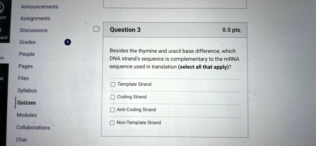 besides the thymine and uracil base difference which dna strands sequence is complementary to the mrna sequence used in translation select all that apply template strand coding strand anti c 93608