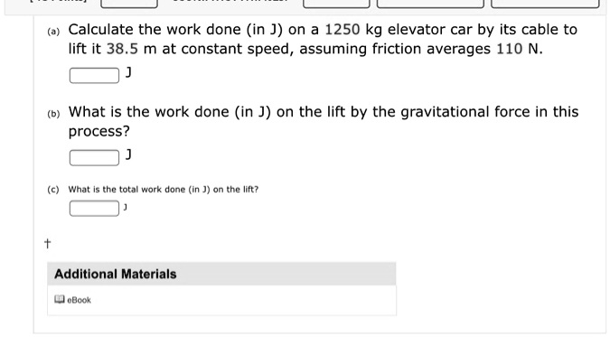 SOLVED: Calculate the work done (in ]) on a 1250 kg elevator car by its ...