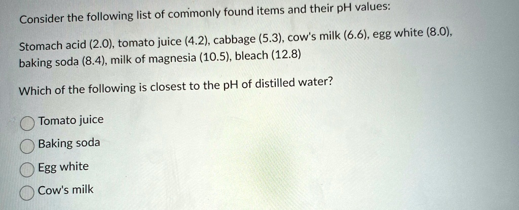 Consider the following list of commonly found items and their pH values:
Stomach acid (2.0), tomato juice (4.2), cabbage (5.3), cow's milk (6.6), egg white (8.0),
baking soda (8.4), milk of magnesia (10.5), bleach (12.8)
Which of the following is closest to the pH of distilled water?
Tomato juice
Baking soda
Egg white
Cow's milk