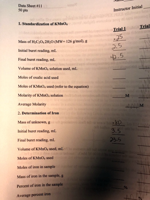 SOLVEDData Sheet I [ 50 pts 1. Standardization of KMnO4 Trial Triall