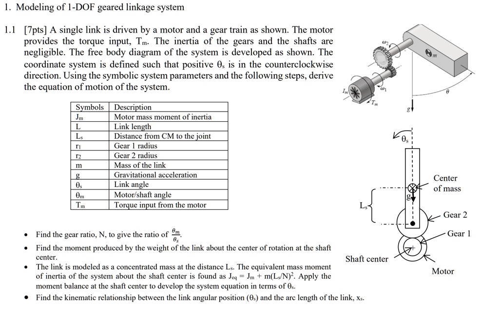 SOLVED: 1. Modeling of 1-DOF geared linkage system 1.1 [7pts] A single ...