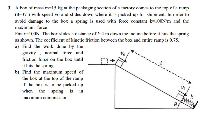 3. A box of mass m=15 kg at the packaging section of a factory comes to the top of a ramp (?=37°) with speed vo and slides down where it is picked up for shipment. In order to avoid damage to the box a spring is used with force constant k=100N/m and the maximum force Fmax=100N. The box slides a distance of l=4 m down the incline before it hits the spring as shown. The coefficient of kinetic friction between the box and entire ramp is 0.75.
a) Find the work done by the gravity , normal force and friction force on the box until it hits the spring.
b) Find the maximum speed of the box at the top of the ramp if the box is to be picked up when the spring is in maximum compression.