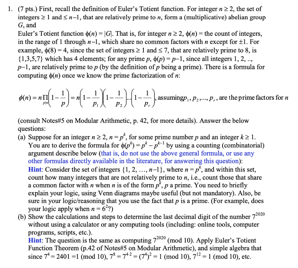 Solved 7 Pts First Recall The Definition Of Eulers Totient Function For Integer N 2 2 6657