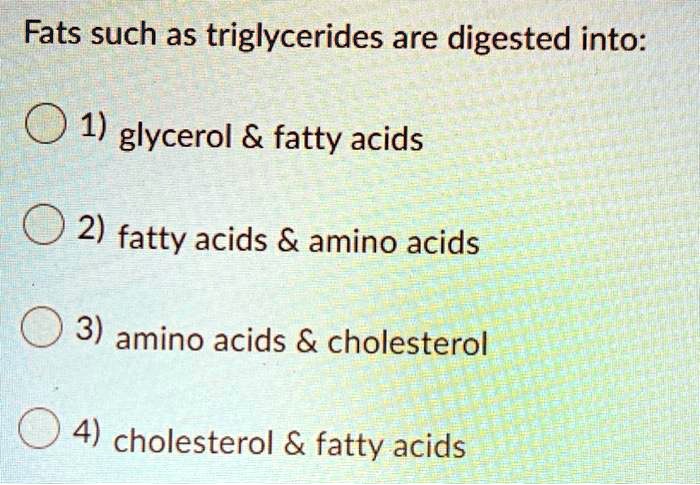 Fats such as triglycerides are digested into:
1) glycerol     fatty acids
2) fatty acids     amino acids
3) amino acids     cholesterol
4) cholesterol     fatty acids