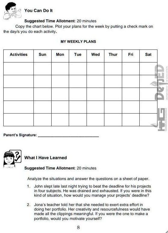 Copy the chart below plot your plan for a week by putting a...