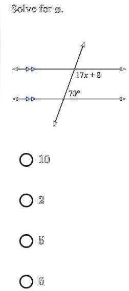 Solve for x.

17x + 8
70^∘

10
2
5
6