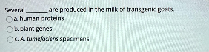 Several  are produced in the milk of transgenic goats.
a. human proteins
b. plant genes
c. A. tumefaciens specimens