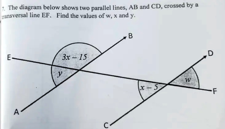 7. The diagram below shows two parallel lines, AB and CD, crossed by a transversal line EF. Find the values of w, x and y.
E
3x - 15
y
A
C
B
D
w
x - 5
F