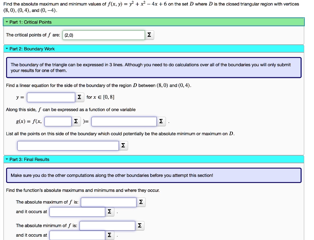 Solved Find The Absolute Maximum And Minimum Values Of F X Y Y X2 4x 6 On The Set D Where D Is The Closed Triangular Region With Vertices 8 0 0 4