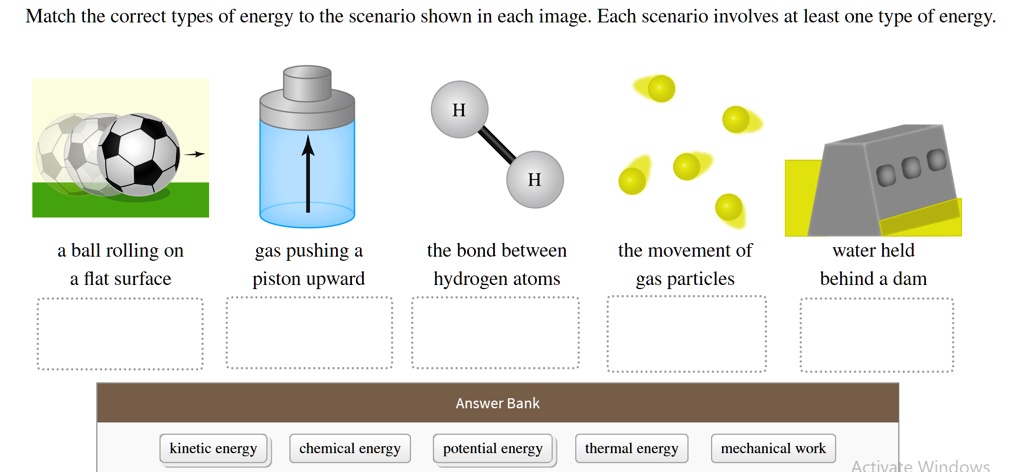 Match the correct types of energy to the scenario shown in each image. Each scenario involves at least one type of energy.
a ball rolling on a flat surface
gas pushing a piston upward
the bond between hydrogen atoms
the movement of gas particles
water held behind a dam
Answer Bank
kinetic energy
chemical energy
potential energy
thermal energy
mechanical work