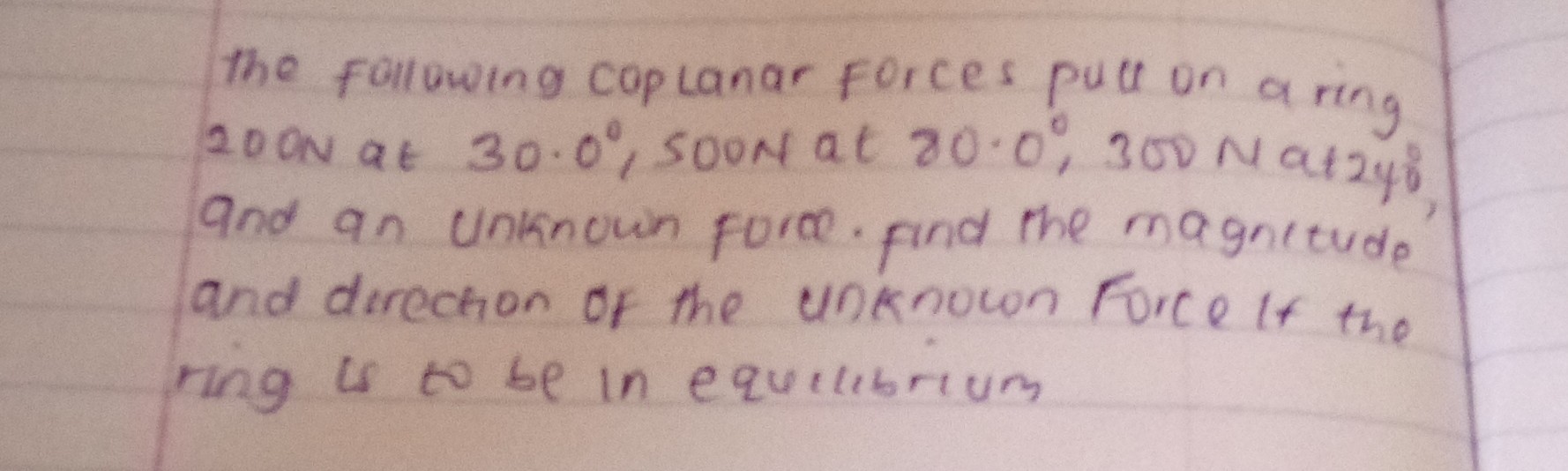 the following coplanar forces pult on a ring 200  N at 30.0^∘, 500  N at 80.0,300 Nat2y0, and an unknown form. find the magnttude and direction of the unknown force if the ring is to be in equilibrium