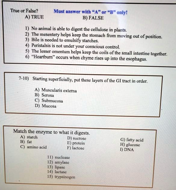 True or False? Must answer with "A" or "B" only! A) TRUE B) FALSE 1) No animal is able to digest the cellulose in plants. 2) The mesentery helps keep the stomach from moving out of position. 3) Bile is needed to emulsify starches. 4) Peristalsis is not under your conscious control. 5) The lesser omentum helps keep the coils of the small intestine together. 6) "Heartburn" occurs when chyme rises up into the esophagus. 7-10) Starting superficially, put these layers of the GI tract in order. A) Muscularis externa B) Serosa C) Submucosa D) Mucosa Match the enzyme to what it digests. A) starch D) sucrose G) fatty acid B) fat E) protein H) glucose C) amino acid F) lactose I) DNA 11) nuclease 12) amylase 13) lipase 14) lactase 15) trypsinogen