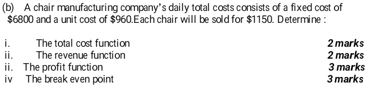 (b) A chair manufacturing company’s daily total costs consists of a fixed cost of 6800 and a unit cost of960. Each chair will be sold for 1150. Determine :
i. The total cost function
ii. The revenue function
iii. The profit function
iv The break even point