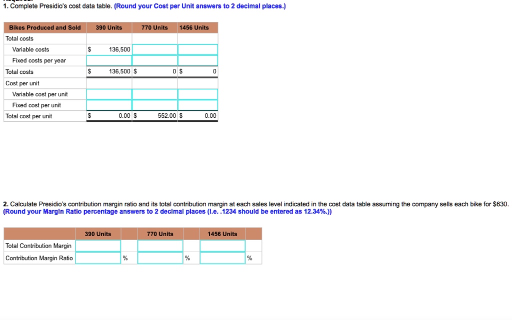 Complete Presidio's cost data table. (Round your Cost per Unit answers