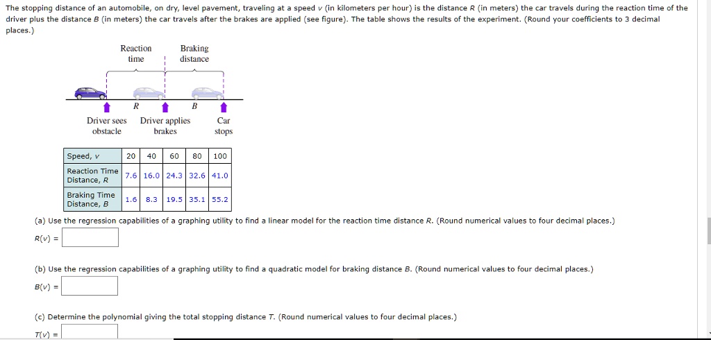 The stopping distance of an automobile, on dry, level pavement, traveling at a speed v (in kilometers per hour) is the distance R (in meters) the car travels during the reaction time of the driver plus the distance B (in meters) the car travels after the brakes are applied (see figure). The table shows the results of the experiment. (Round your coefficients to 3 decimal places.)
Reaction
time
Braking
distance
R
Driver sees
obstacle
Driver applies
brakes
B
Car
stops
Speed, v
20 40 60 80 100
Reaction Time
7.6 16.0 24.3 32.6 41.0
Distance, R
Braking Time
1.6 8.3 19.5 35.1 55.2
Distance, B
(a) Use the regression capabilities of a graphing utility to find a linear model for the reaction time distance R. (Round numerical values to four decimal places.)
R(v) =
(b) Use the regression capabilities of a graphing utility to find a quadratic model for braking distance B. (Round numerical values to four decimal places.)
B(v) =
(c) Determine the polynomial giving the total stopping distance T. (Round numerical values to four decimal places.)
T(v) =