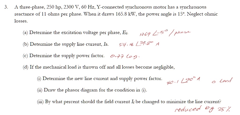 SOLVED: A three-phase, 250 hp, 2300 V, 60 Hz, Y-connected synchronous ...
