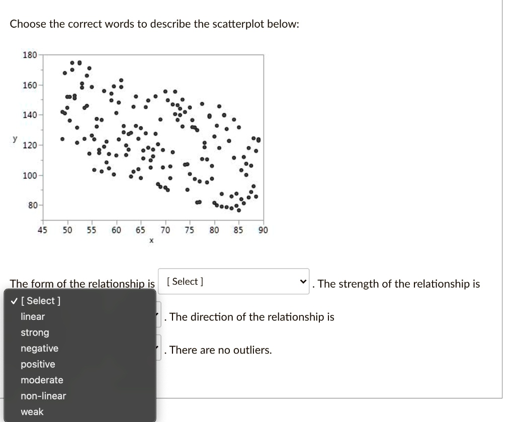 Choose the correct words to describe the scatterplot below:
180
160
140
y
120
100
80
45 50 55 60 65 70 75 80 85 90
x
The form of the relationship is [ Select ]. The strength of the relationship is [ Select ]. The direction of the relationship is [ Select ]. There are no outliers.
[ Select ]
linear
strong
negative
positive
moderate
non-linear
weak